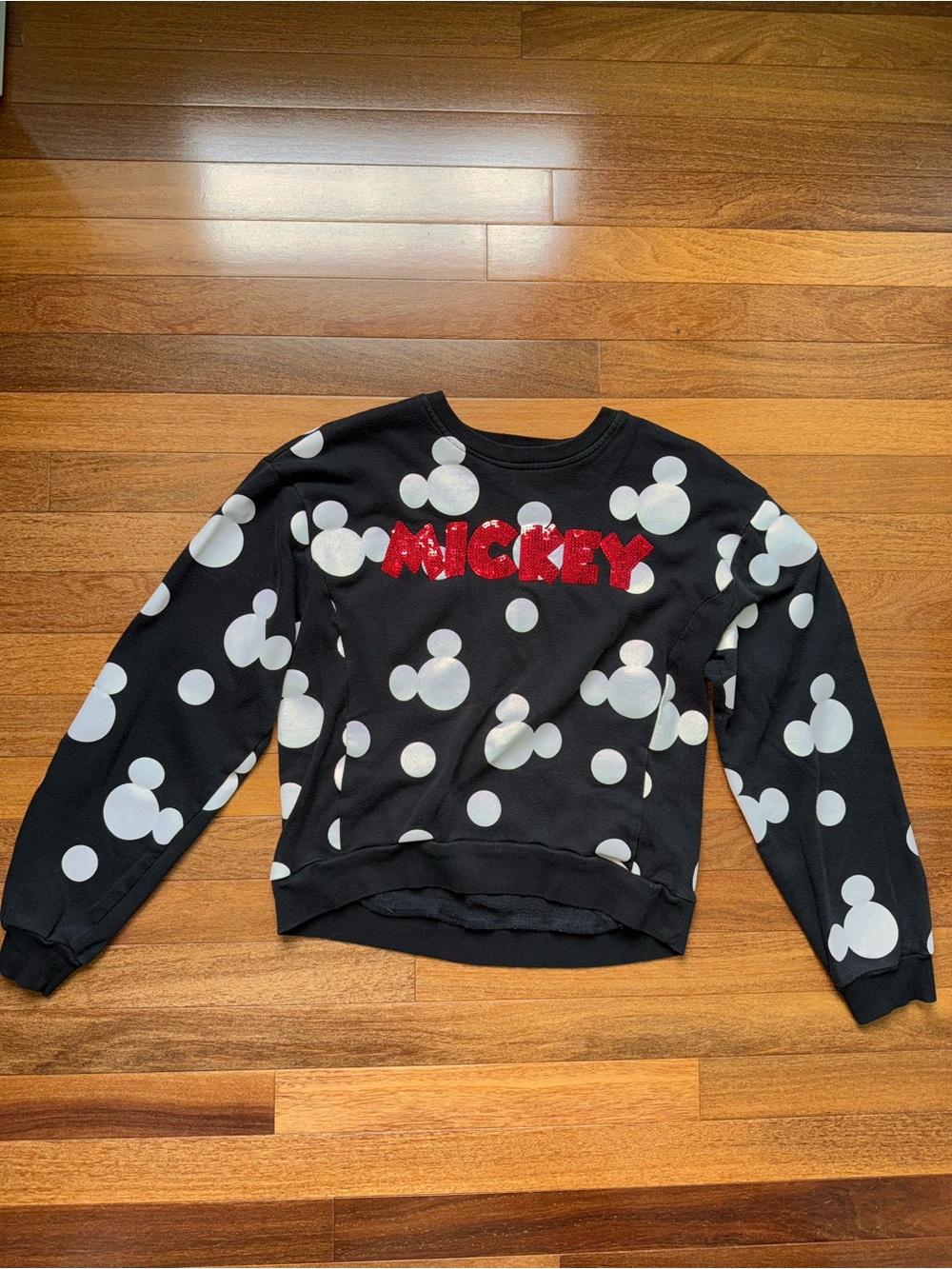 Disney Black Sweatshirt with White Polka Mickey and Red Sequin Logo